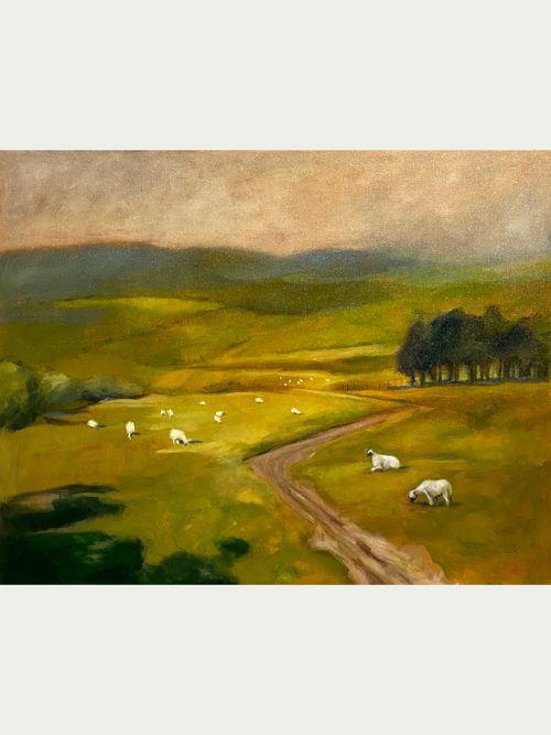 A fine art oil painting by Patricia Cotterill featuring a countryside with grazing sheep.