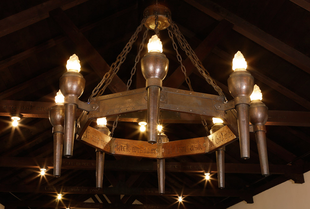 Custom made Roycroft chandelier designed by Karl Kipp.