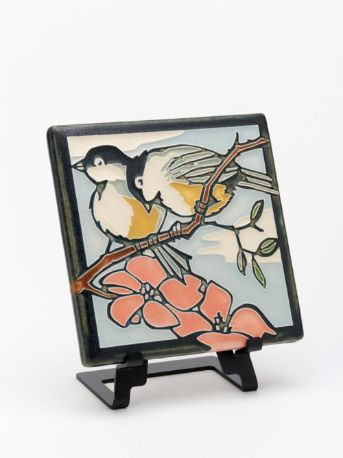 Ceramic art tile handmade by Motawi Tileworks featuring spring chickadees.