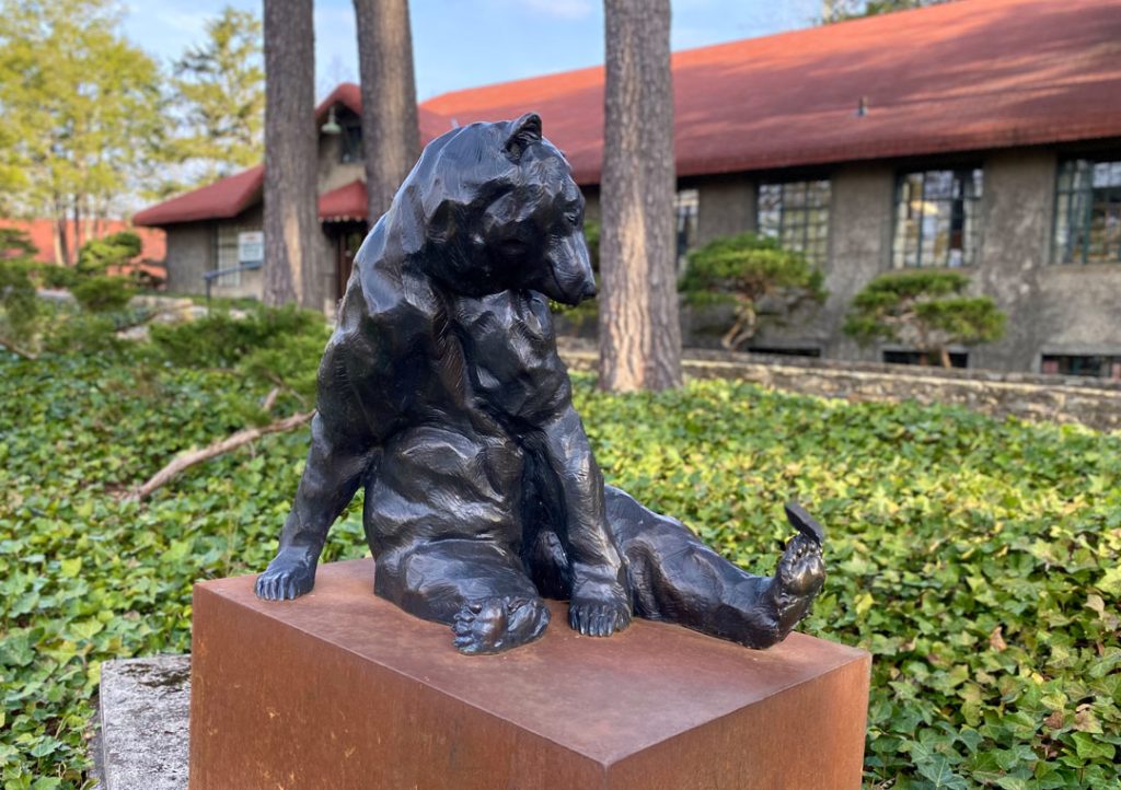 Bronze bear sculpture by artist Roger Martin sitting on a base outside in a garden.