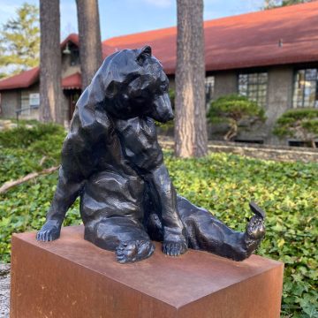 Bronze bear sculpture by artist Roger Martin sitting on a base outside in a garden.