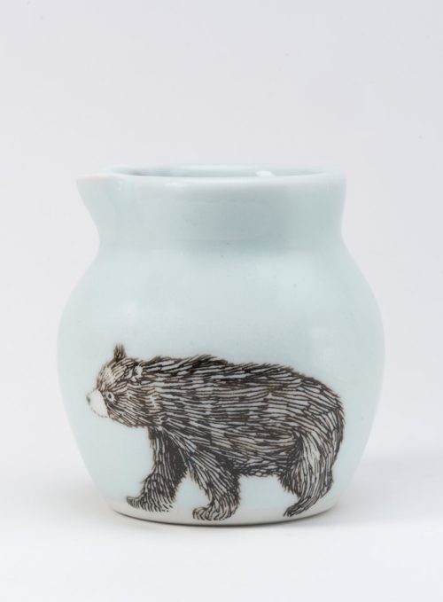 Porcelain creamer with a screen-printed bear handmade by SKT Ceramics.