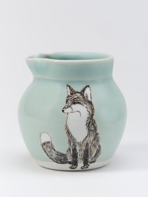 Porcelain creamer with a screen-printed fox handmade by SKT Ceramics.