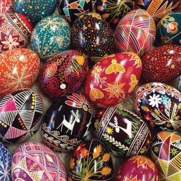 A grouping of colorful pysanky eggs by Asheville artist Andrea Kulish.
