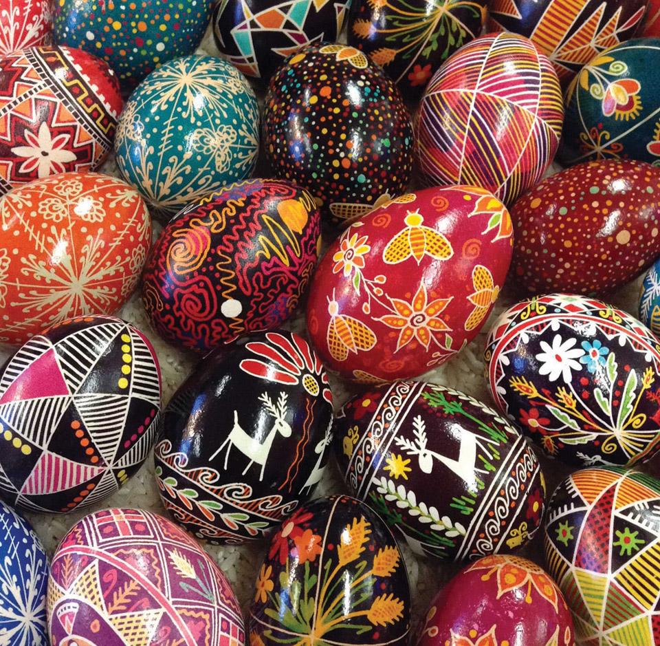 A grouping of colorful pysanky eggs by Asheville artist Andrea Kulish.