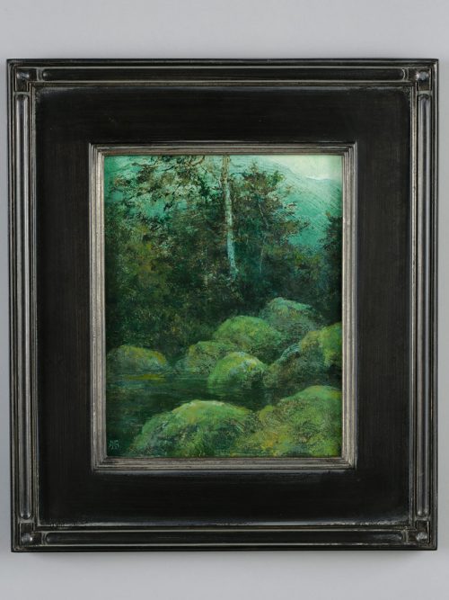 A fine art oil painting in a black frame titled Nocturne Mash by Shawn Krueger.