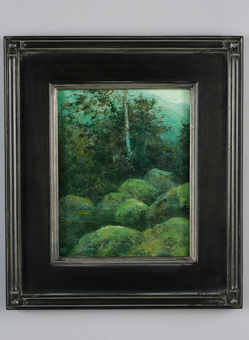 A fine art oil painting in a black frame titled Nocturne Mash by Shawn Krueger.