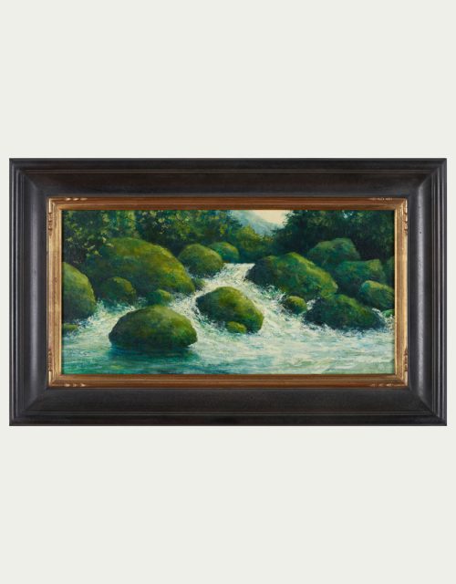 Oil painting of a river scene with boulders by Shawn Krueger.