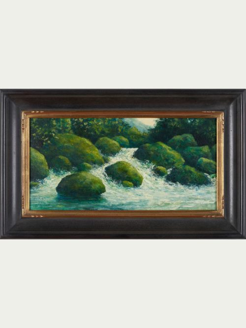 Oil painting of a river scene with boulders by Shawn Krueger.
