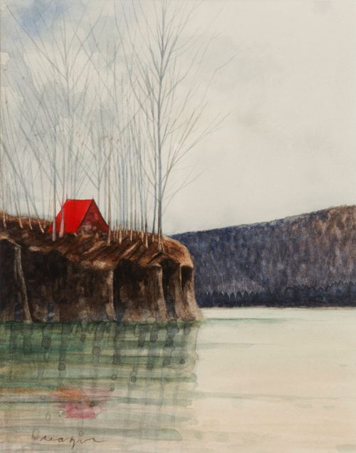 A Michael Francis Reagan painting of a red camping tent on a cliffside overlooking a mountain lake.