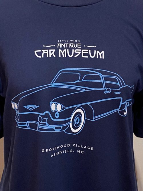 Detail of a blue antique car museum t-shirt.