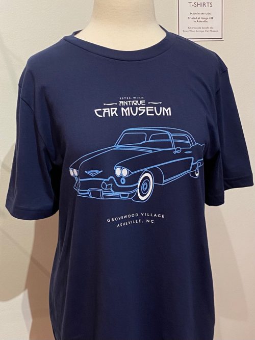 A blue car museum t-shirt featuring a 1957 Cadillac Eldorado.