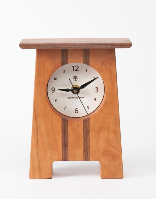 A craftsman desk clock by Sabbath-Day Woods handmade from Appalachian cherry and walnut woods.