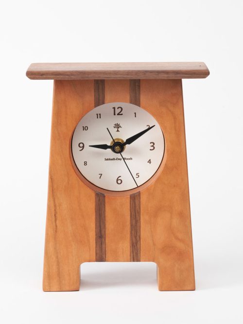 A craftsman desk clock by Sabbath-Day Woods handmade from Appalachian cherry and walnut woods.