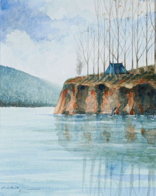 Michael Francis Reagan artwork of a watercolor painting depicting a lakeside camping site.