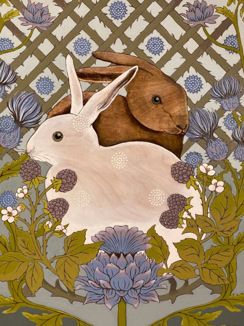 Detail of two bunnies in a mixed media painting by Asheville artist Kim Dills.