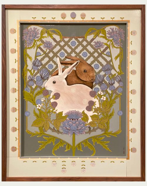 A mixed media painting titled Thorn and Thistle by Asheville artist Kim Dills featuring two bunnies.