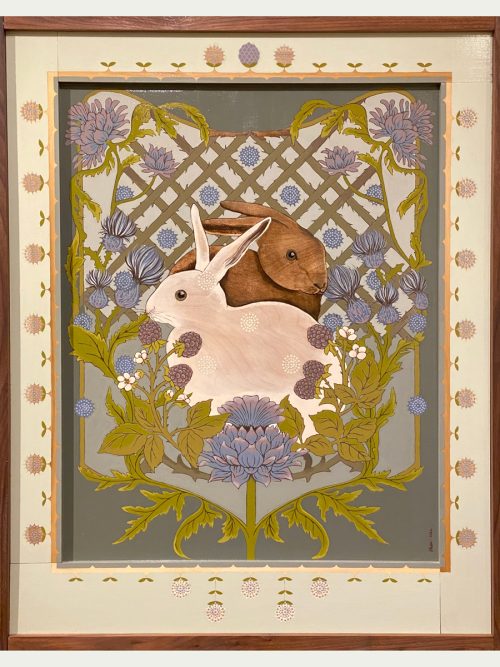 A mixed media painting titled Thorn and Thistle by Asheville artist Kim Dills featuring two bunnies.