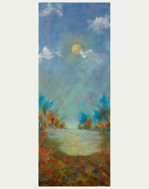 An acrylic moonlit pond painting by North Carolina artist Elizabeth Lasley.