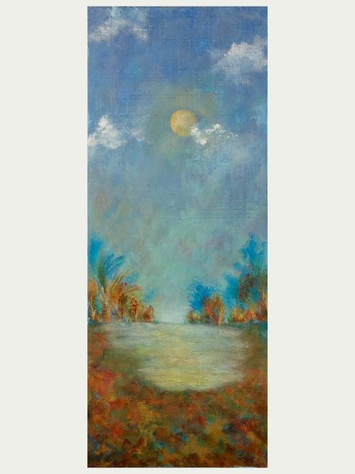 An acrylic moonlit pond painting by North Carolina artist Elizabeth Lasley.