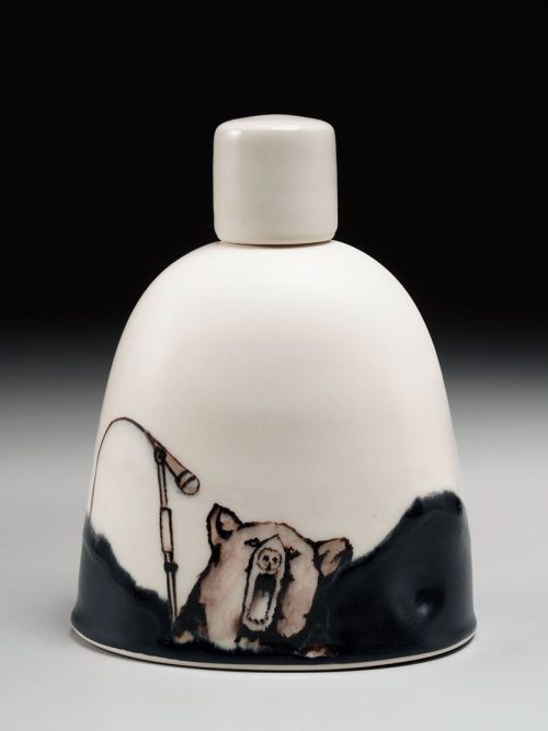 A black and white porcelain karaoke bear flask by North Carolina studio potter Phil Haralam.
