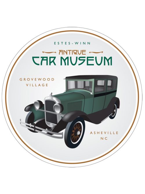 A round Estes-Winn Antique Car Museum sticker featuring a 1928 Pontiac Sedan.