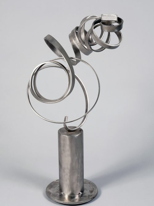 Small stainless steel abstract outdoor sculpture by Aldon Addington.