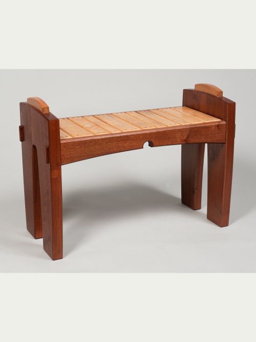 Small wooden bench handmade by North Carolina woodworker Neil Carroll from sapele and curly maple.