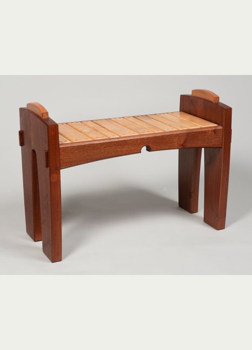 Small wooden bench handmade by North Carolina woodworker Neil Carroll from sapele and curly maple.