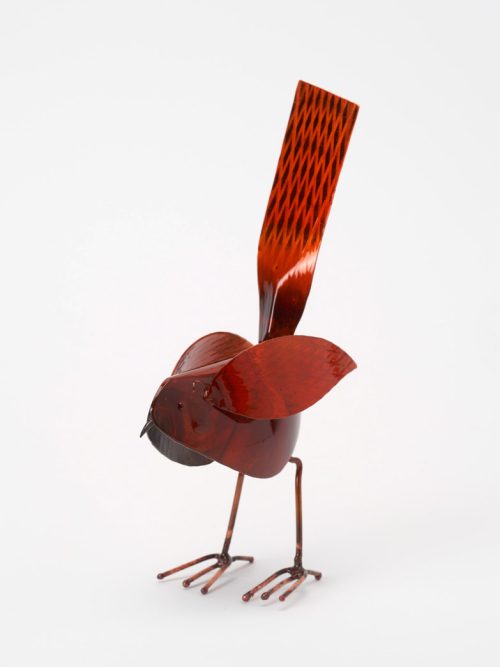Small red bird sculpture handcrafted from copper by Haw Creek Forge in Ashville, NC.