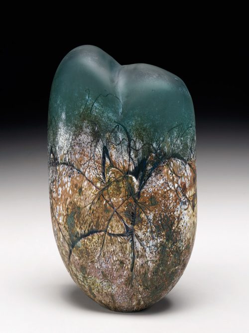 Sculptural glass form by artist Daniel Scogna titled Green Mountain.