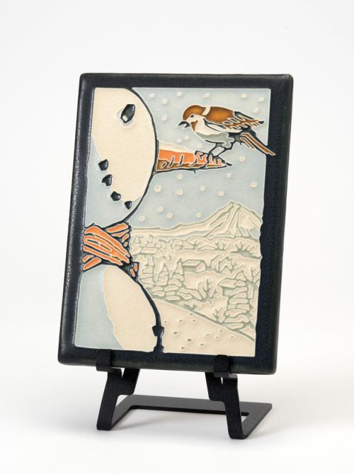 Frosty Perch art tile featuring a snowman with a bird perched on his nose by Motawi Tileworks.