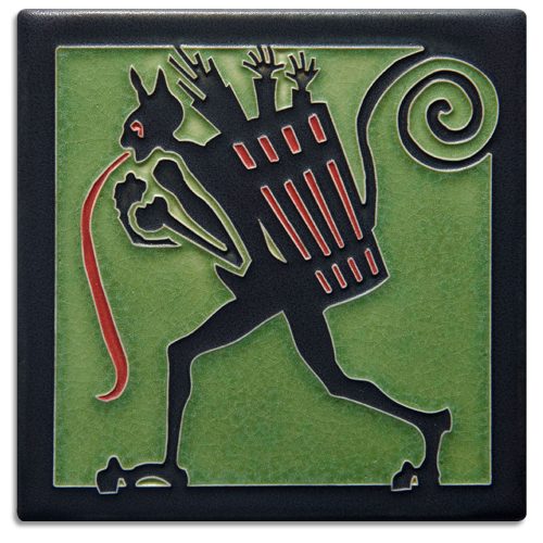 A 6 x 6 green ceramic Krampus tile handmade by Motawi Tileworks.