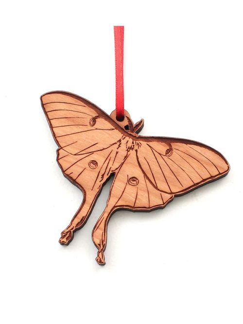 A wooden luna moth ornament by Nestled Pines Woodworking in Wisconsin.