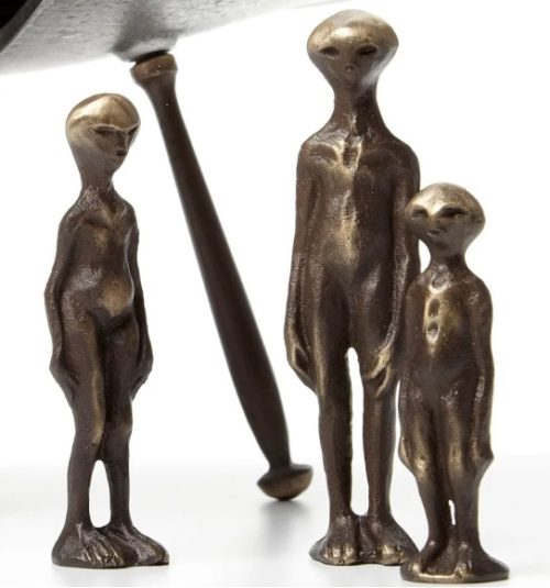 A bronze alien family handmade by Scott Nelles.