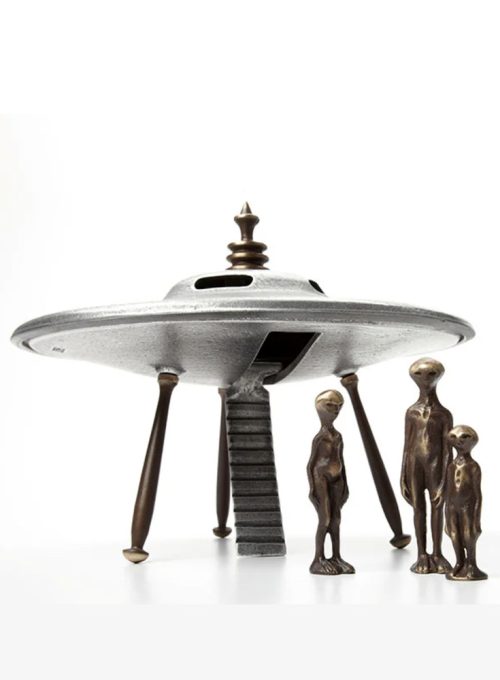 A bronze flying saucer and alien family by Scott Nelles.