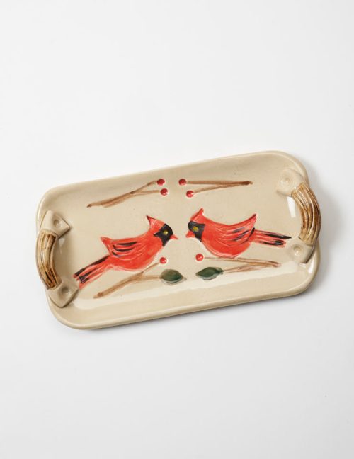 A ceramic cardinal tray by Bluegill Pottery.