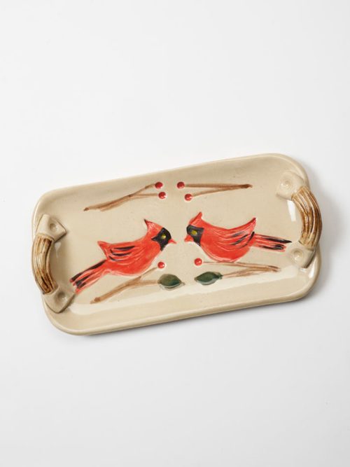 A ceramic cardinal tray by Bluegill Pottery.