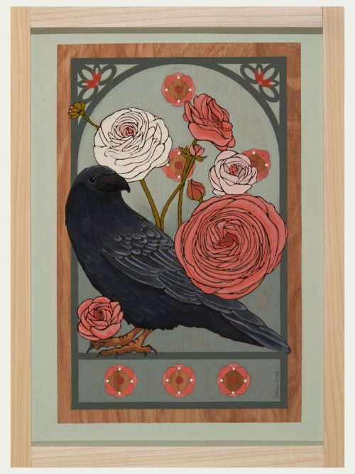 Raven and Ranunculus painting by Asheville artist Kim Dills.