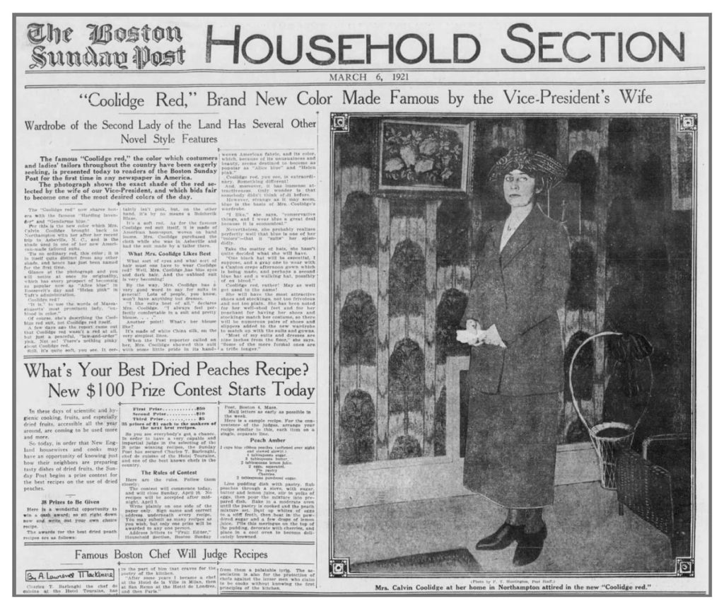 Grace Coolidge featured in the Boston Globe on March 6, 921 wearing a Coolidge Red homespun suit from Biltmore Industries.