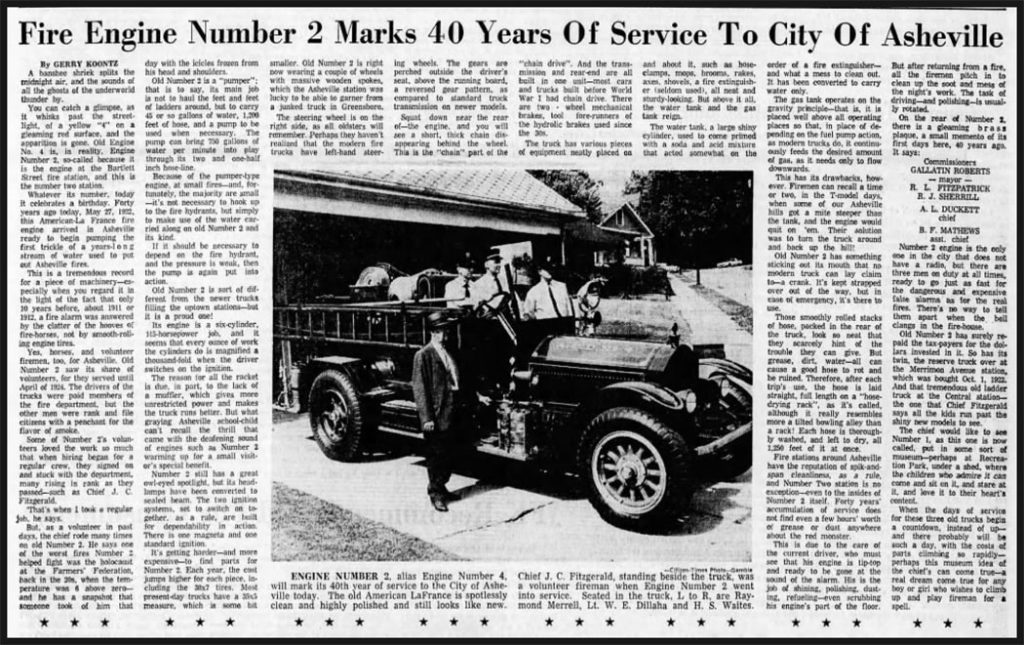 An Asheville-Citizen-Times article from May 1962 about our 1922 American LaFrance fire engine.