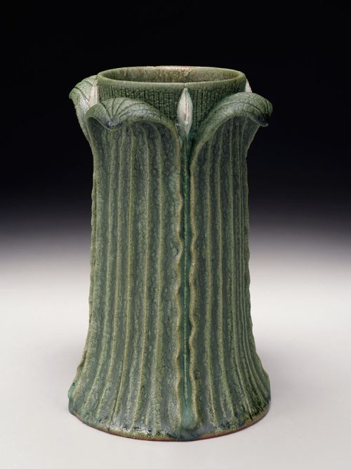 Green earthenware vase with buds by Jonathan White.