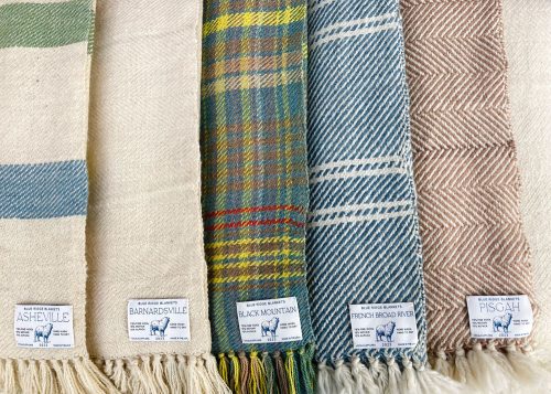 An assortment of locally woven Blue Ridge Blankets by Local Cloth in Asheville, NC.