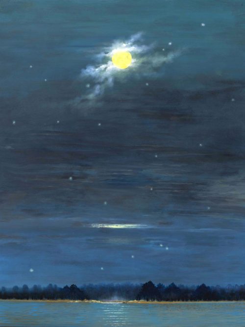 Original oil painting of a moon over a body of water by Michael Francis Reagan.