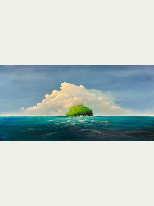 An oil painting of a little island in the sea by Michael Francis Reagan.