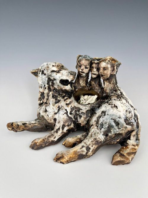 An original stoneware caly and porcelain sculpture by Asia MAthis titled Singing Over The Bones.