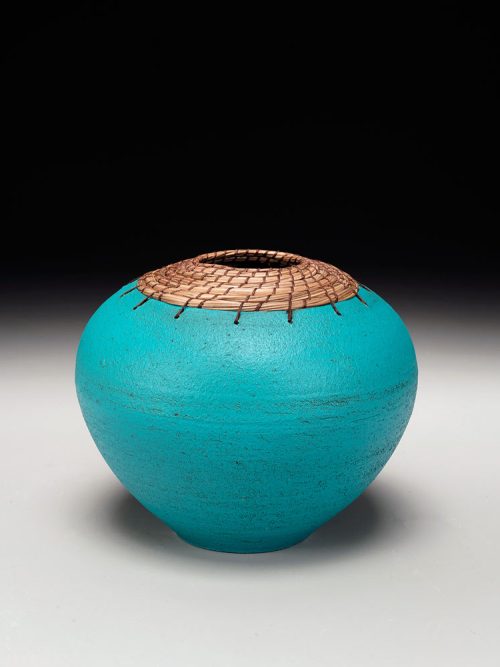 Chubby Sphere Vase made of clay and woven pine needles by Hannie Goldgewicht.