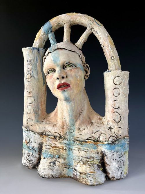 An original stoneware clay sculpture by artist Asia Mathis titled Transference.