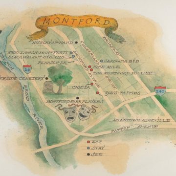 Handpainted map of historic Montford in Asheville, NC, by Michael Francis Reagan.