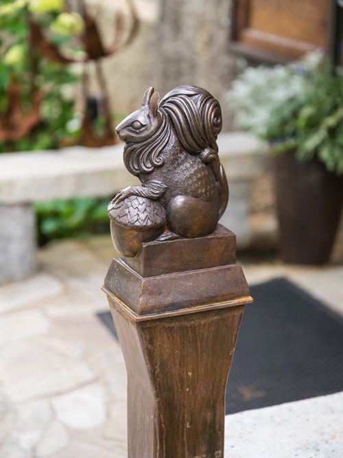 Bronze and steel squirrel sculpture by artist Todd Frahm.